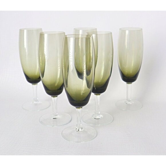 6 Vintage MCM Wine Glasses Olive Green Clear Stem Mid Century Modern Barware - Picture 1 of 4